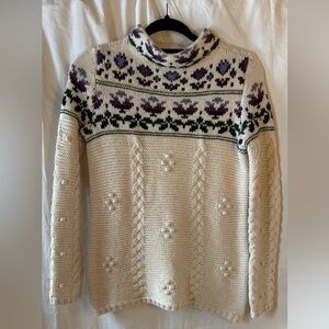 Lands' End Cream Sweater with Purple Tulip Pattern